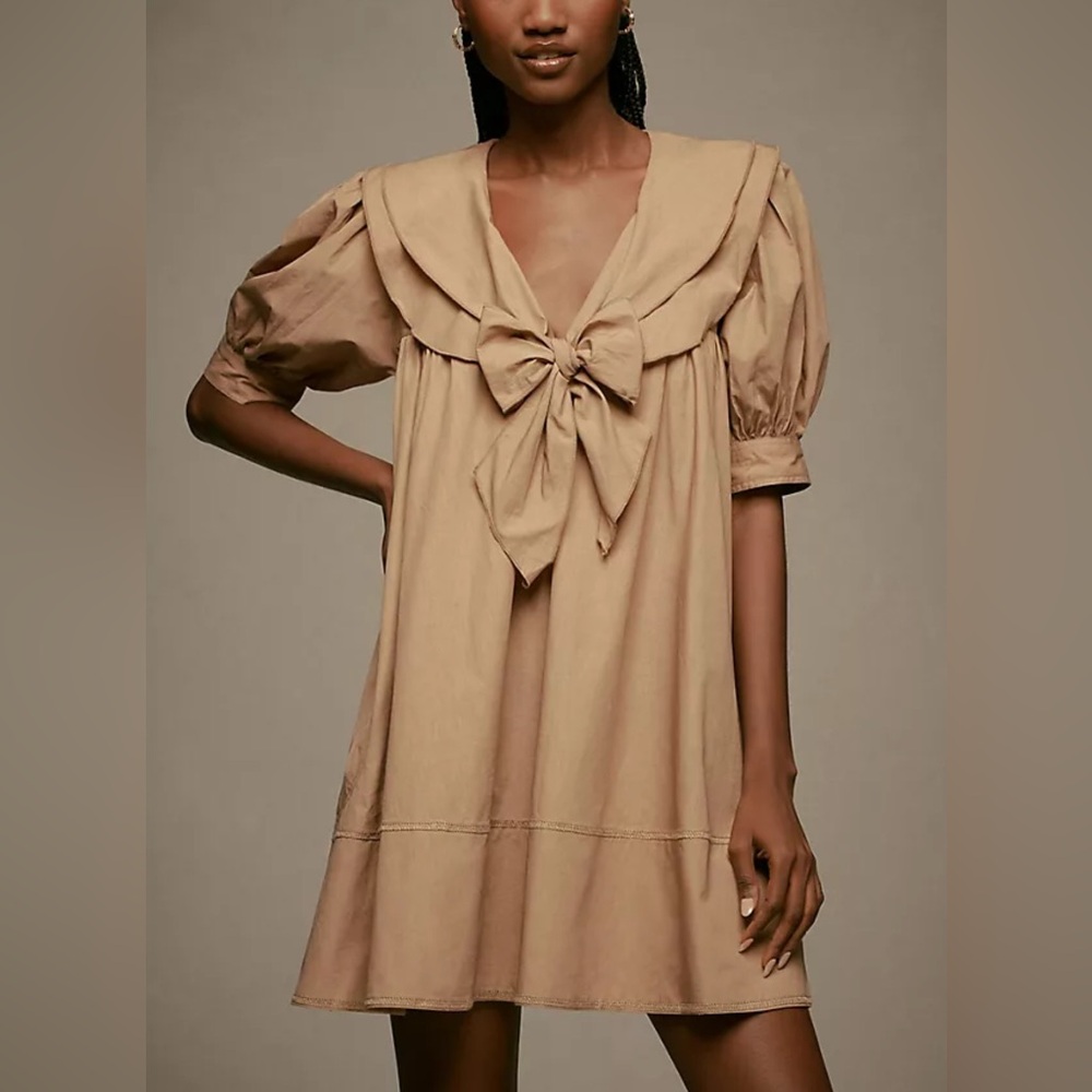 Anthropologie Beige Mini Dress with Bow Collar - Picture 2 of 13